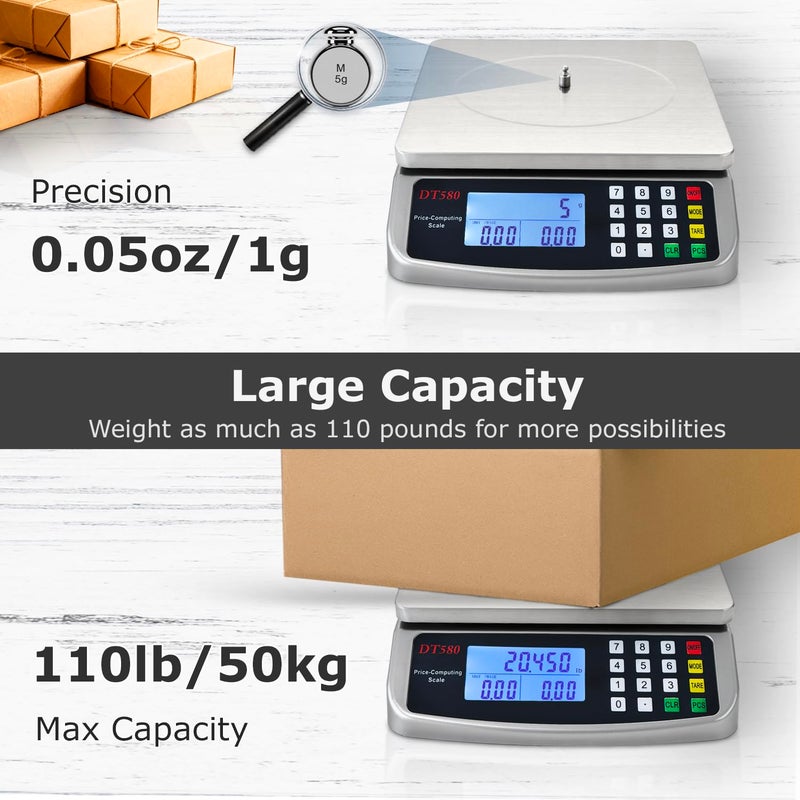 MOCCO ميزان طعام 110 رطل/50 كجم، ميزان مطبخ رقمي كبير مع صينية، من الفولاذ المقاوم للصدأ 304، ميزان حساب الأسعار التجاري، ميزان عد للأغراض الخبز، الطهي، اللحوم، الصناعة، العد، مع محول مرفق - Image 4